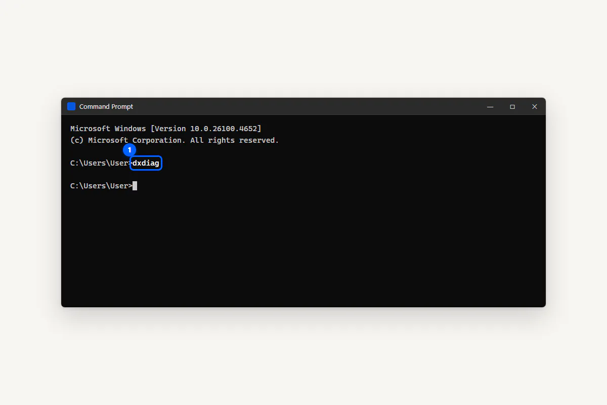 Command Prompt window with the dxdiag command entered