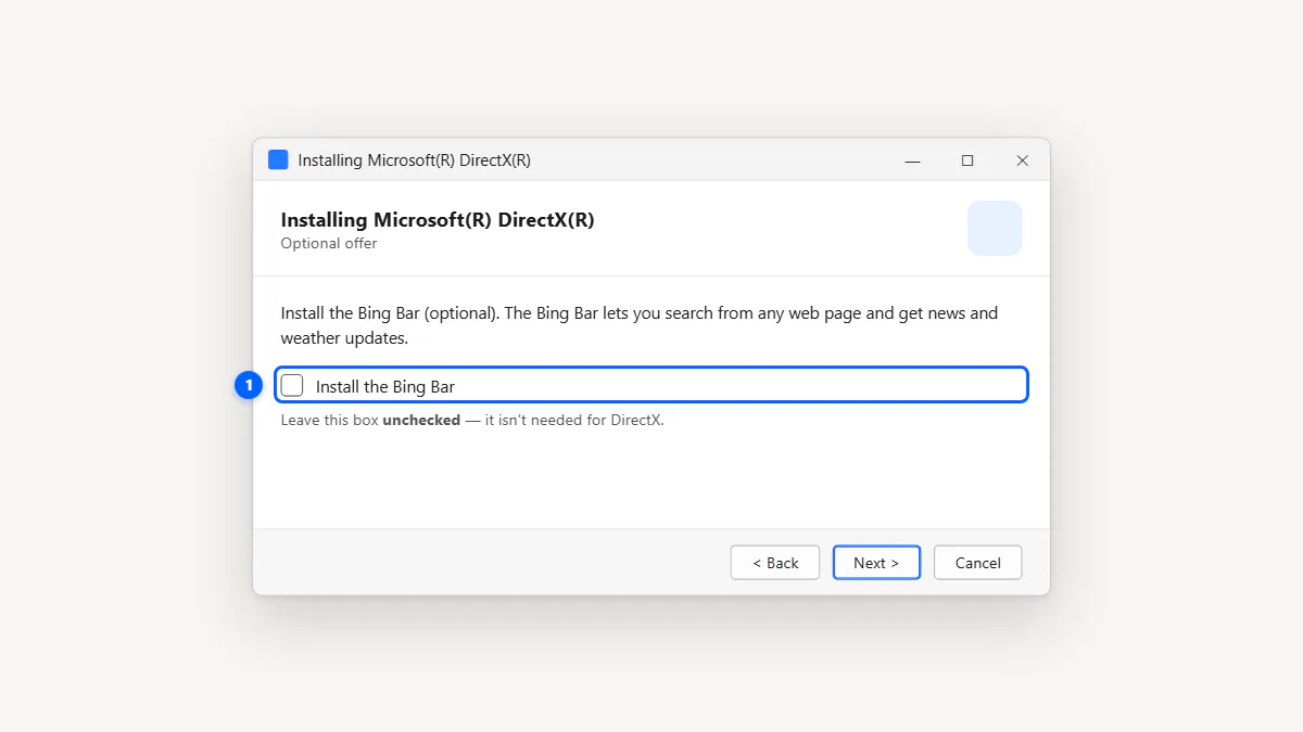 DirectX setup wizard with the optional extra offer checkbox unticked