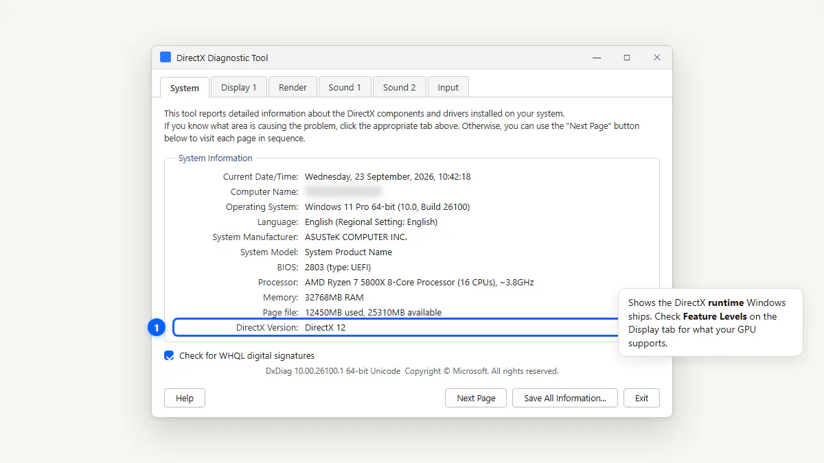 DirectX Version line on the System tab reading DirectX 12