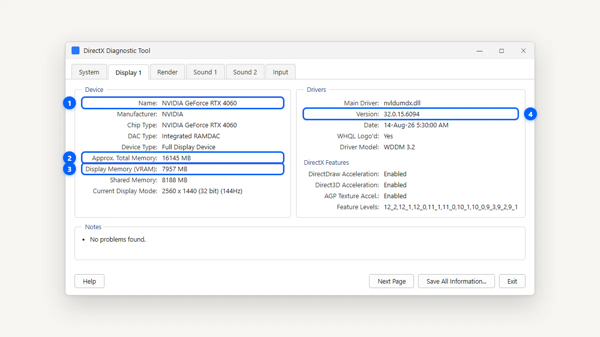 Display tab showing graphics card name, display memory and driver version