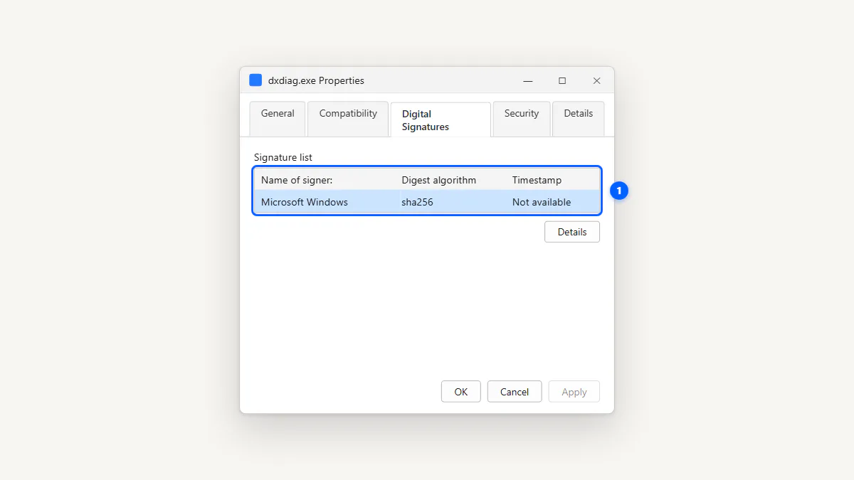 File properties Digital Signatures tab showing Microsoft Windows as signer