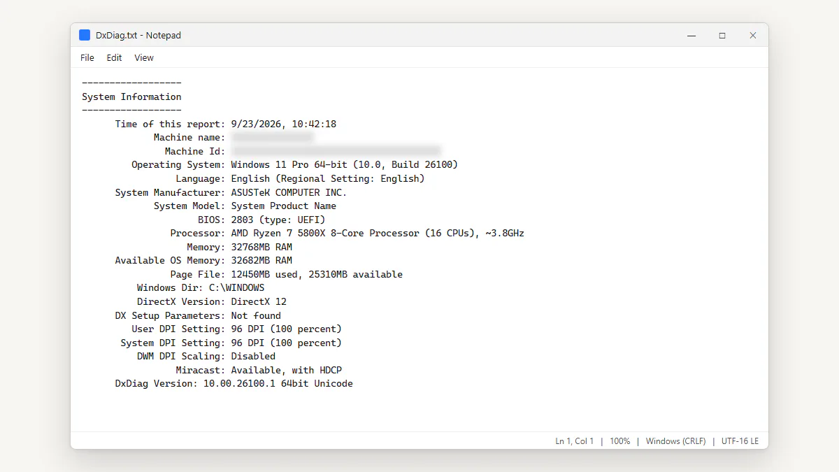 DxDiag.txt opened in Notepad showing the System Information section