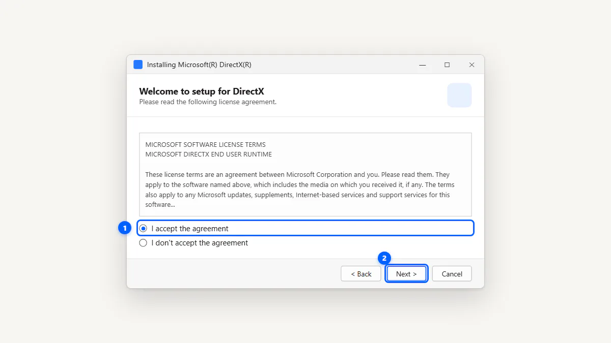dxwebsetup license agreement screen of the web installer