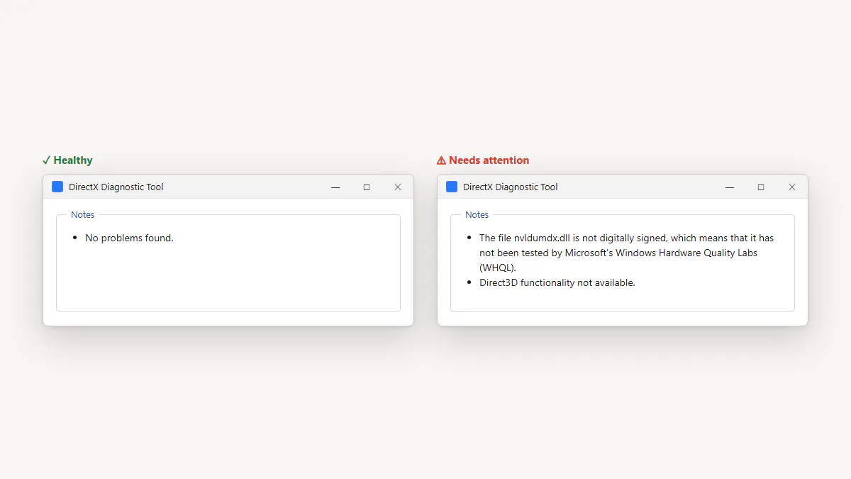 Two Notes boxes comparing no problems found with a driver problem message