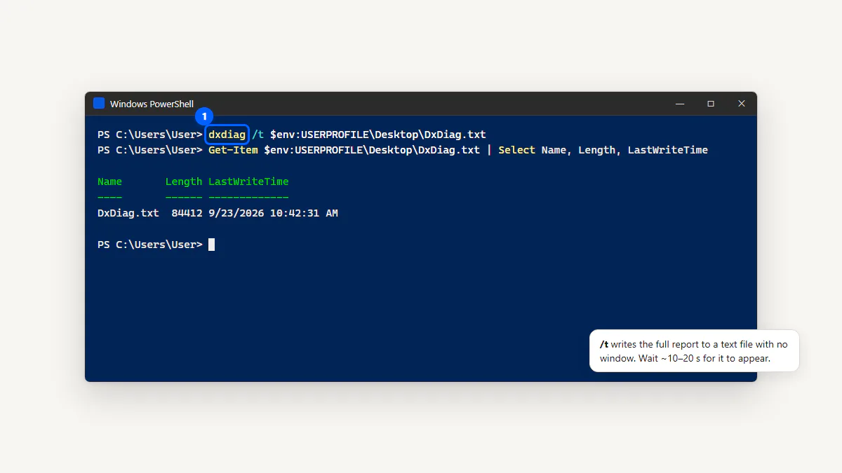 PowerShell running dxdiag with the /t switch to save a text file