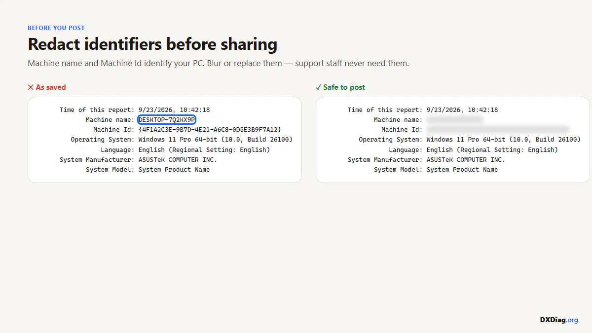 Machine name line blurred in a report before posting it publicly