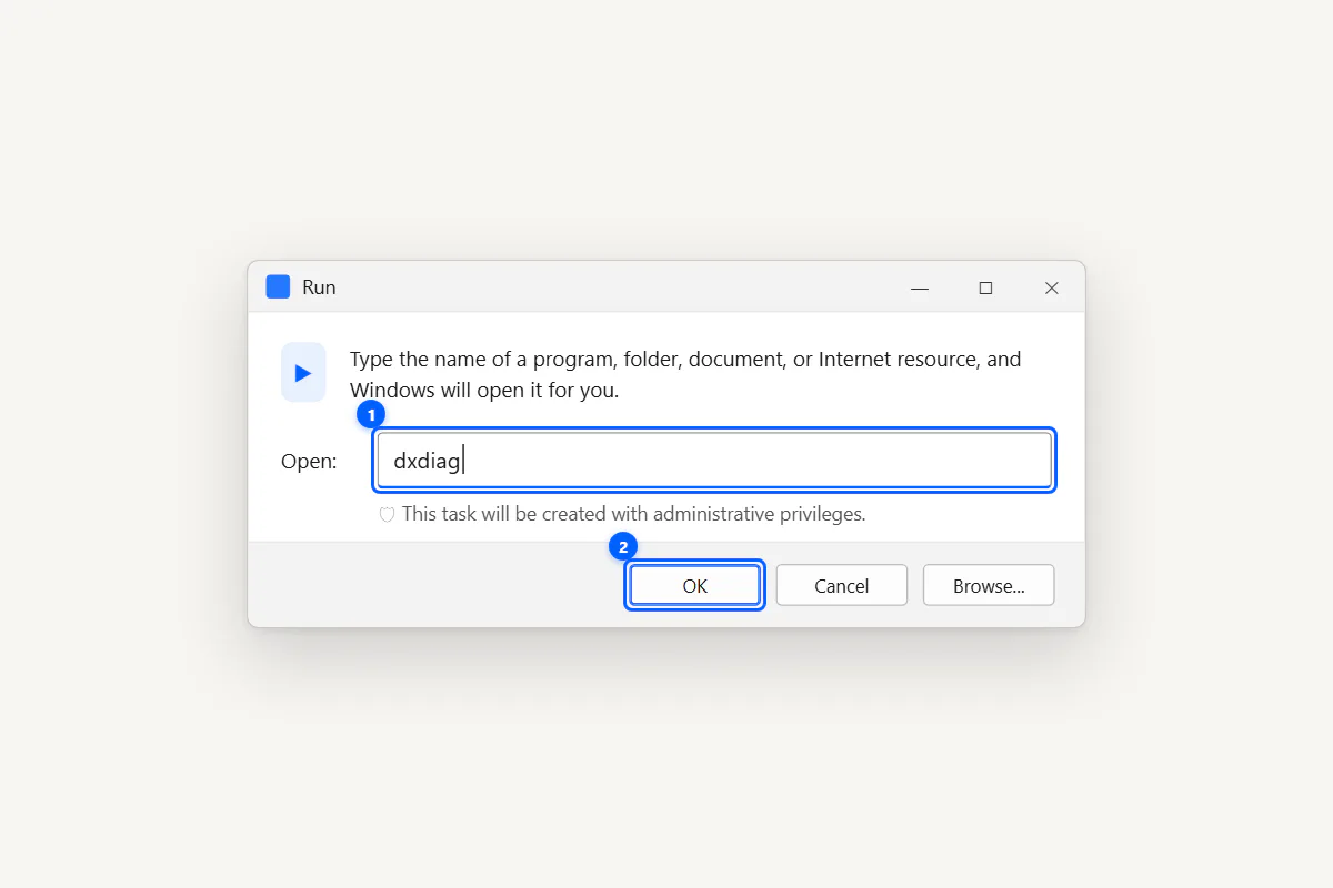 Windows 11 Run dialog with dxdiag typed and OK button highlighted