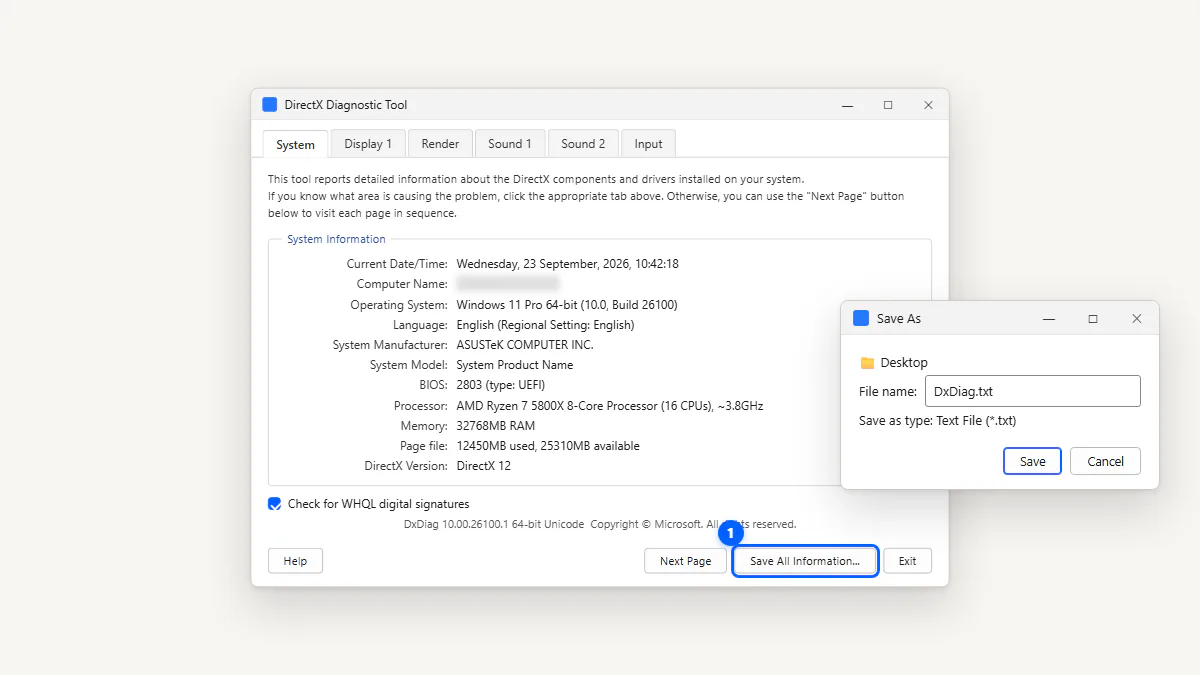 Save All Information button and save dialog creating DxDiag.txt