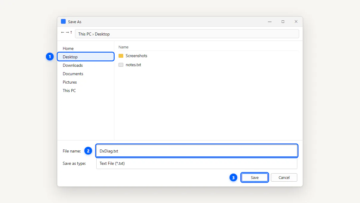 Save As dialog saving DxDiag.txt to the desktop
