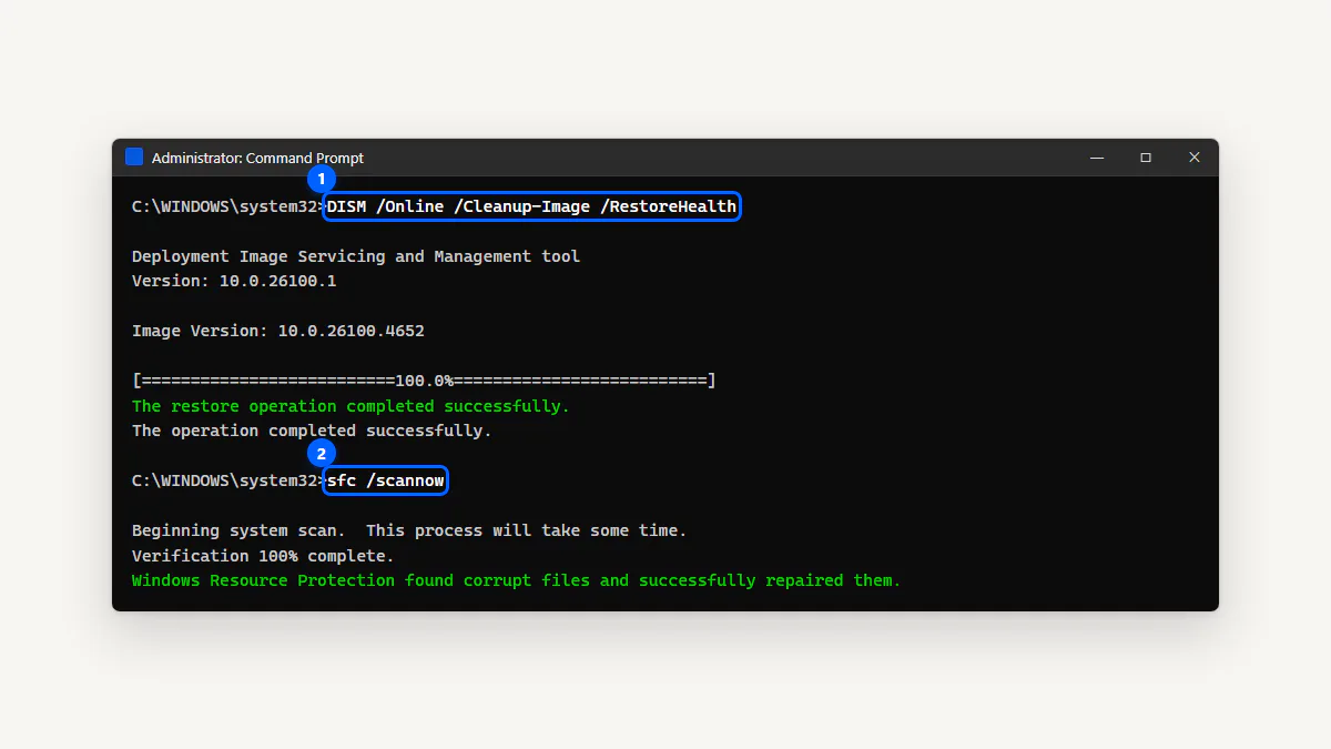 Command Prompt running sfc scannow and DISM restore health to repair system files