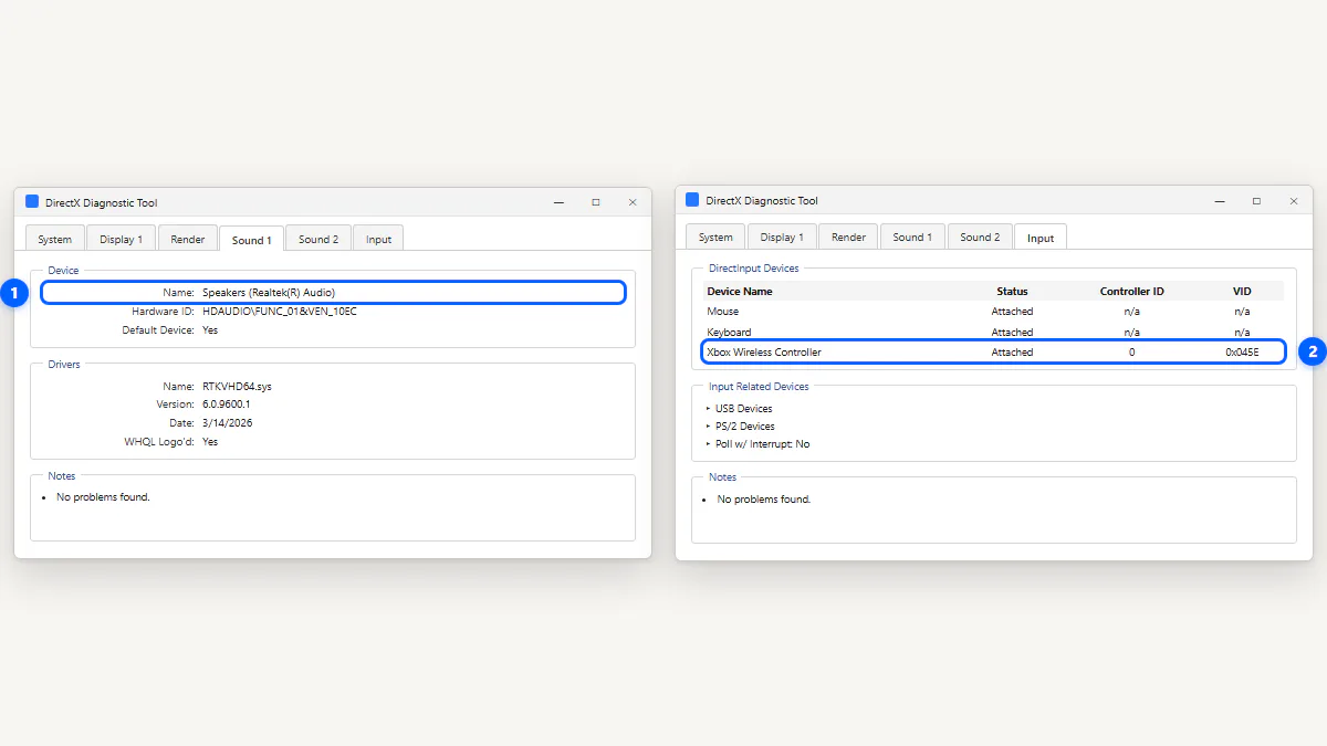 Sound tab audio device and driver details beside the Input tab controller list