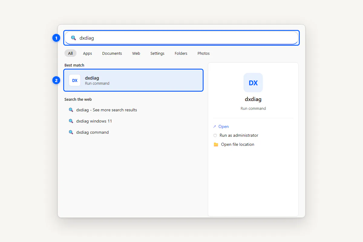 Start menu search showing the dxdiag run command result