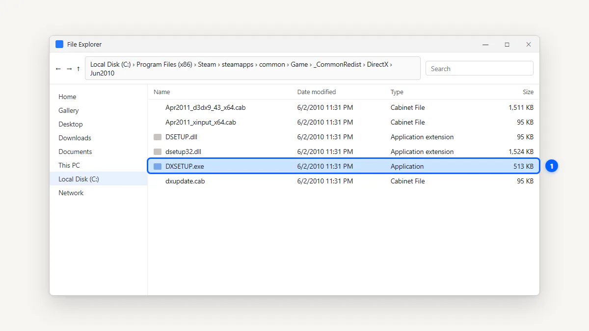 Steam game folder showing the _CommonRedist DirectX subfolder