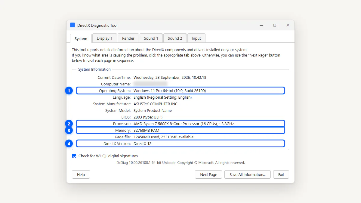 System tab listing operating system, processor, memory and DirectX version