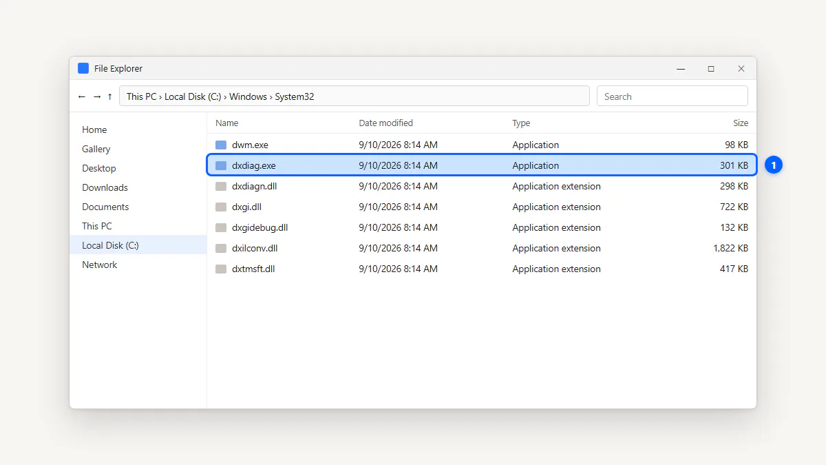 File Explorer at C Windows System32 with the diagnostic executable selected