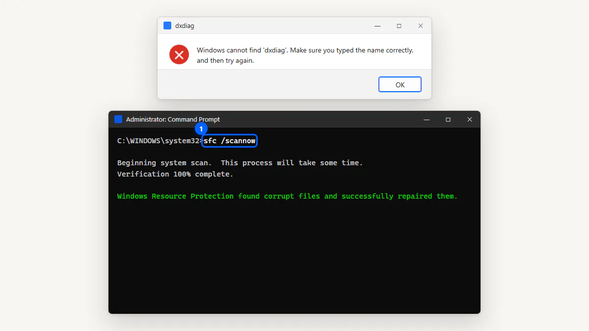 Error message saying Windows cannot find dxdiag and the sfc scannow fix