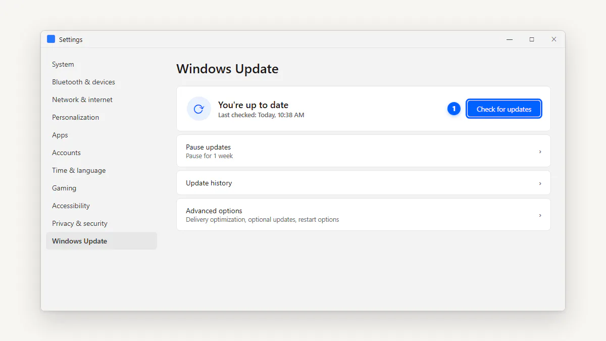 Windows 11 Windows Update page with Check for updates button