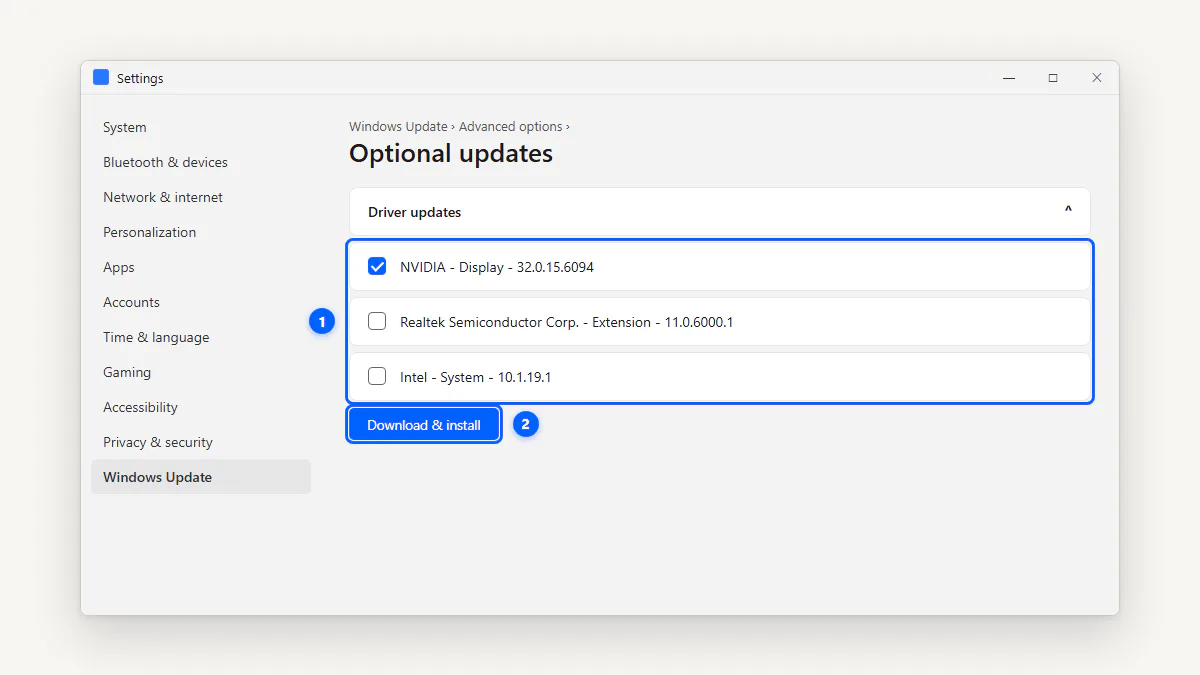 Windows Update settings page showing optional driver updates